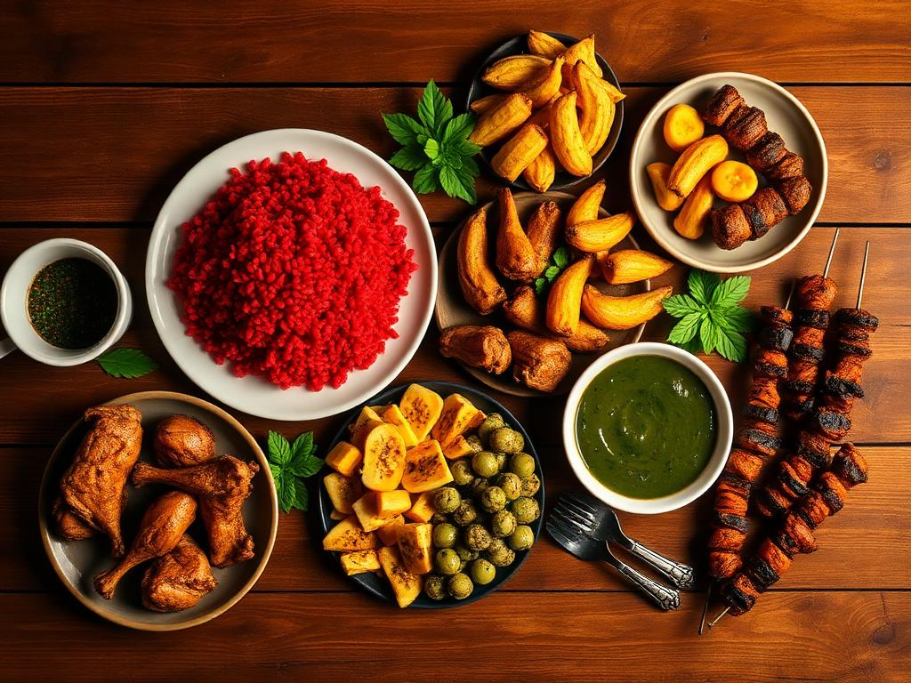 A vibrant spread of Nigerian dishes including jollof rice, plantains, and suya
