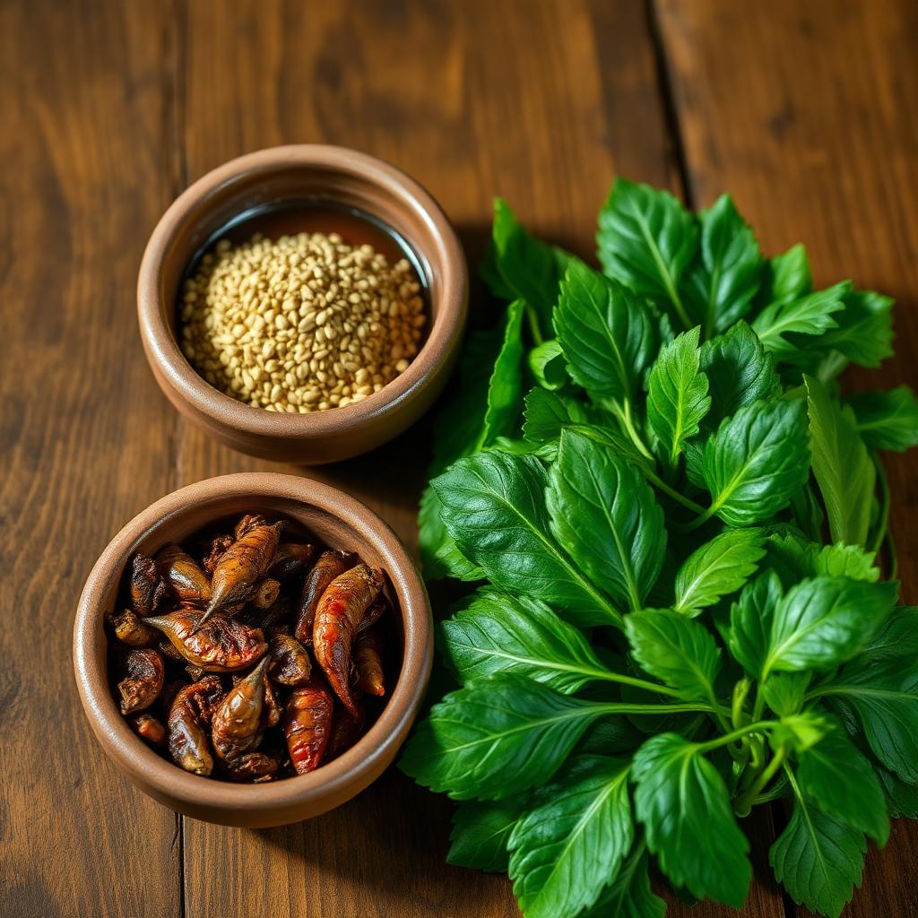 Traditional Nigerian cooking ingredients: egusi seeds, dried crayfish, and fresh greens